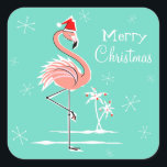 Navidades Flamingo Merry Christmas pegatina square<br><div class="desc">Diseño elegante con un toque retro con un flamenco rosado festivo con un sombrero de Santa Claus rojo, estrellas y palmeras decoradas con azulejos sobre un fondo acuático. Un diseño de personalizable para que puedas personalizar con tu propio texto, imágenes e ideas. Imagen original de arte digital creada por Quirky...</div>