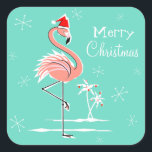 Navidades Flamingo Merry Christmas pegatina square<br><div class="desc">Diseño elegante con un toque retro con un flamenco rosado festivo con un sombrero de Santa Claus rojo, estrellas y palmeras decoradas con azulejos sobre un fondo acuático. Un diseño de personalizable para que puedas personalizar con tu propio texto, imágenes e ideas. Imagen original de arte digital creada por Quirky...</div>
