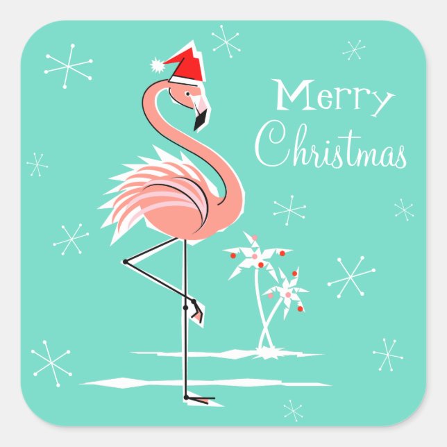 Navidades Flamingo Merry Christmas pegatina square (Anverso)