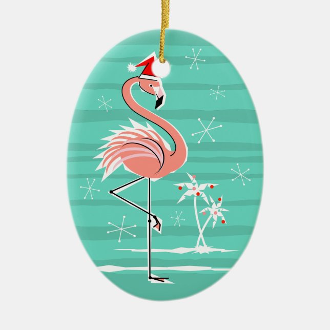 Navidades Flamingo Stripe Texto ornamento oval (Frente)