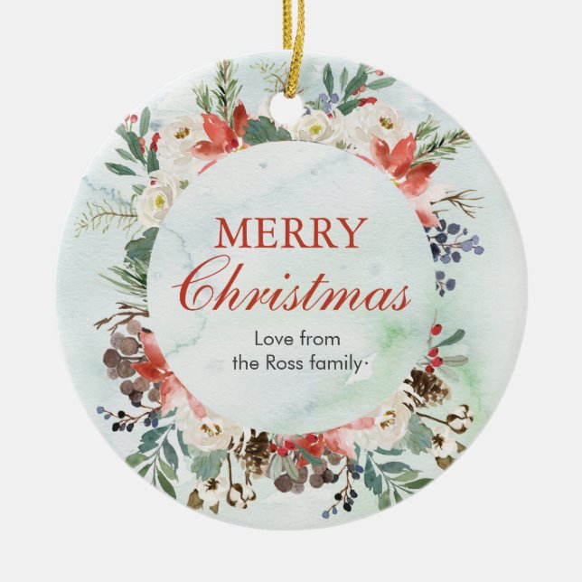 Navidades florales personalizados Ornamento cerámi (Frente)
