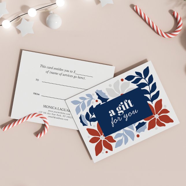NAVIDADES FLORES ESPECIALES DE PLATA AZUL ROJO (GIFT CERTIFICATE CHRISTMAS THEMED WITH BLUE LEAVES AND RED FLOWERS AND BERRIES. )