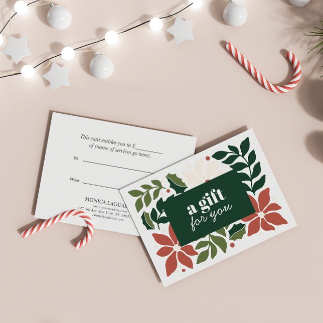 NAVIDADES FLORES ROJOS CREMA VERDE ESPECIAL (Elegant Gift Card CHristmas-themed for beauty, retail, fashion or any business. editable color )