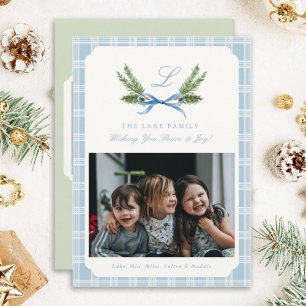 Navidades fotográficos de Blue Plaid Tarjetas Mono