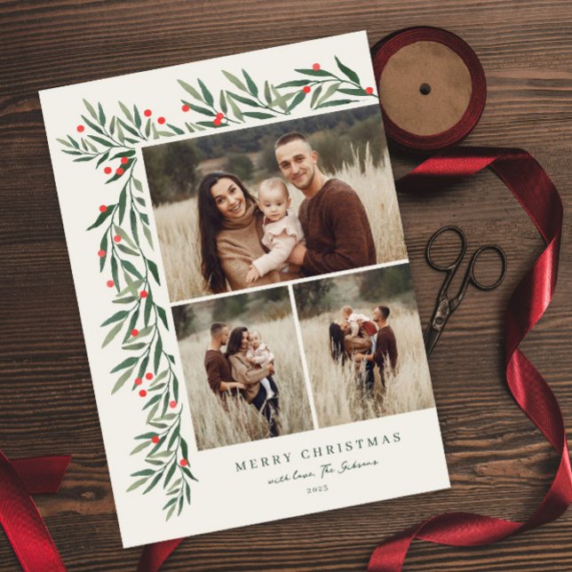 Navidades fotográficos de invierno Greenery Ivory  (Elegant greenery leaves 3 photo collage christmas holiday magnetic card.)