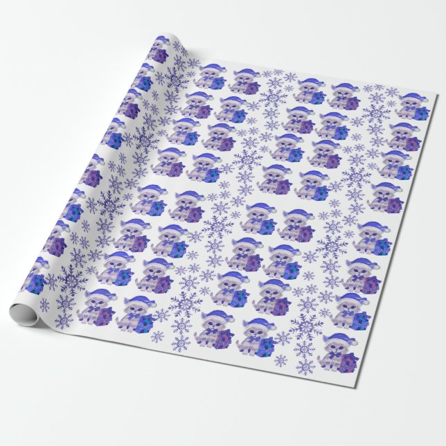 Navidades gatos papel de envoltura azul (Desenrollado)