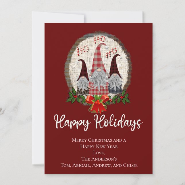 Navidades Gnomes Red Happy Holidays Rustic Card (Anverso)