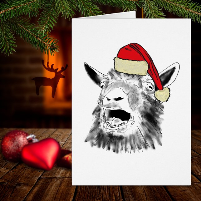 Navidades gritando cabra (Funny Christmas screaming goat wearing a santa hat farm animal art holiday greetings card)