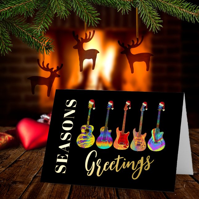 Navidades Guitars Seasons Saludando a los negros y (Christmas guitars music seasons greetings black and gold foil personalized holiday greetings card)