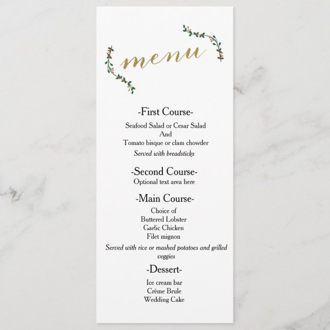 Navidades Holiday Holly Elegant Wedding Menu Card (Anverso)