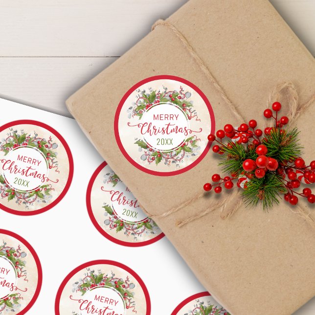 Navidades Holly Branch Pegatina redondo clásico (Subido por el creador)