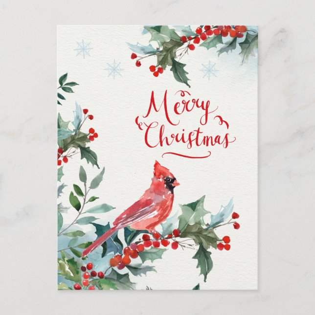 Navidades holly, cardenal rojo, postal de vacacion (Anverso)
