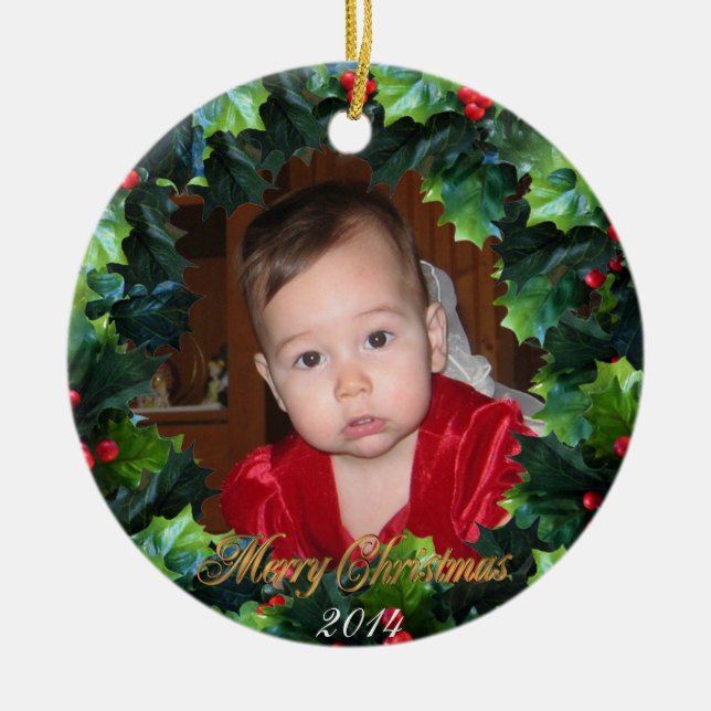 Navidades Holly corona ornamento de la foto, (Frente)