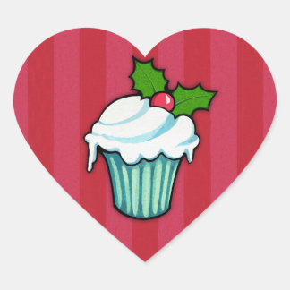 Navidades Holly Cupcake Pegatina del corazón rojo