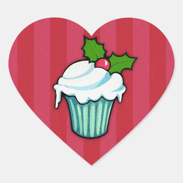 Navidades Holly Cupcake Pegatina del corazón rojo (Anverso)