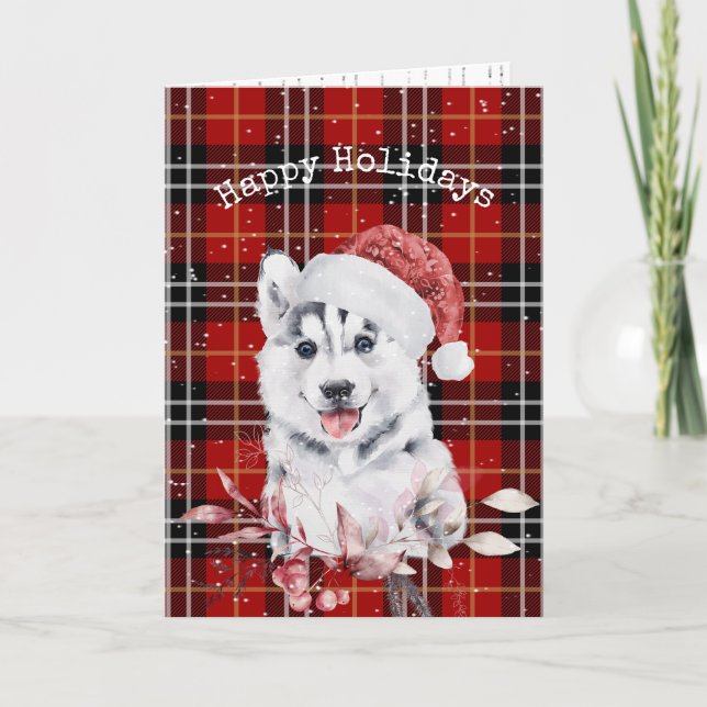 Navidades Husky En La Tarjeta Tartan Plaid (Anverso)