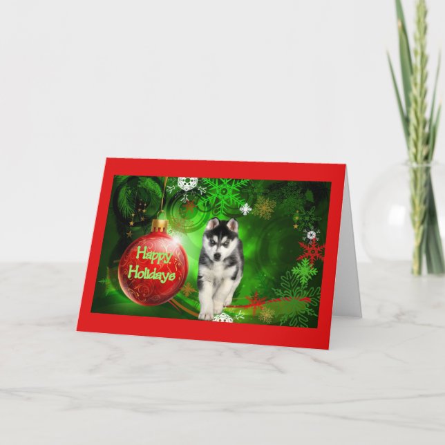 Navidades Husky Siberiano Tarjeta Verde Ball Rojo (Anverso)