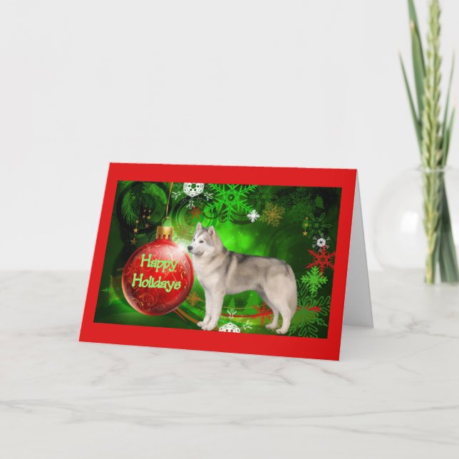 Navidades Husky Siberiano Tarjeta Verde Ball Rojo (Anverso)