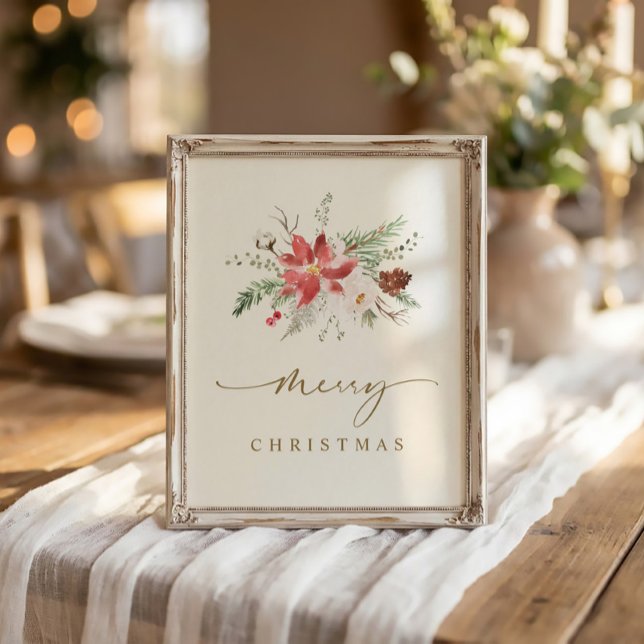 Navidades imprimibles Arte Pared Elegante Boho Gre (Elegant Merry Christmas sign 8x10 watercolor poinsettia and winter greenery)