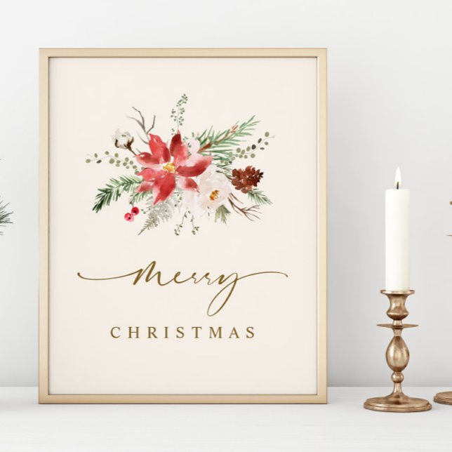 Navidades imprimibles Arte Pared Elegante Boho Gre (Christmas Wall Art Print Boho Elegant Winter Foliage Greenery and Poinsettia - Modern Handwriting)