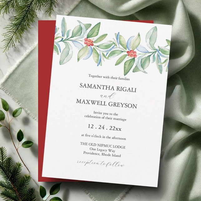 Navidades Invitación a bodas Acuarela Botánica (Watercolor wedding invitations featuring hand painted winter botanical art by Victoria Grigaliunas)