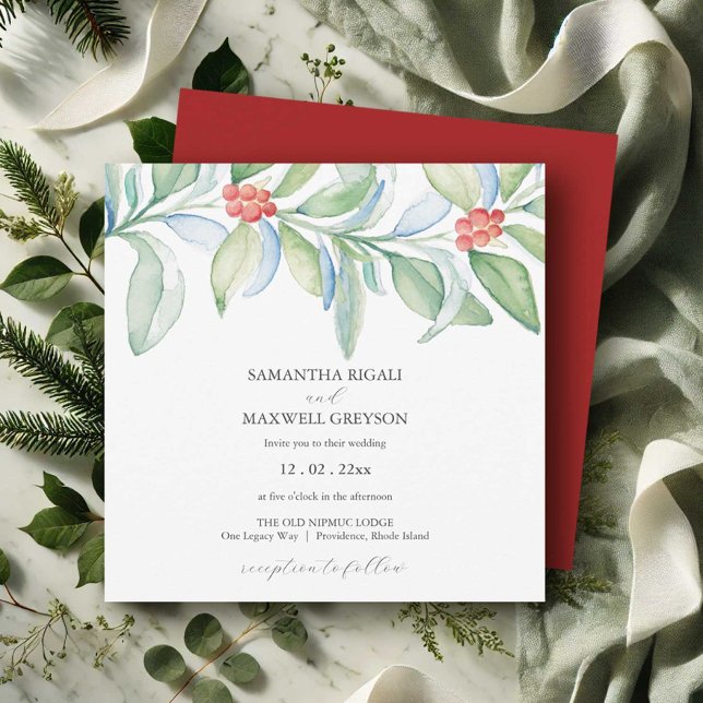 Navidades Invitaciones a matrimonio Verdor de colo (Christmas wedding invitations elegant botanical watercolor art  Victoria Grigaliunas DoTellABelle)