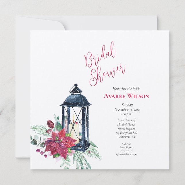 Navidades Lantern Poinsettia Evergreens Invitación (Anverso)