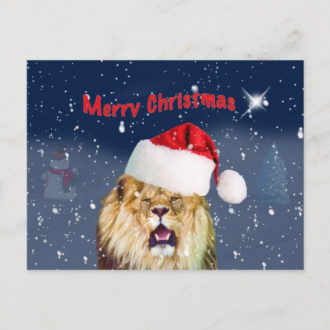 Navidades, león en Santa Hat, estrella, postal de  (Anverso)