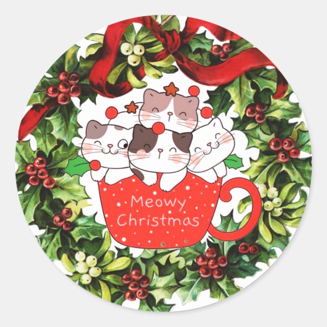 Navidades Meowy gatos en una copa Pegatina de cora (Anverso)