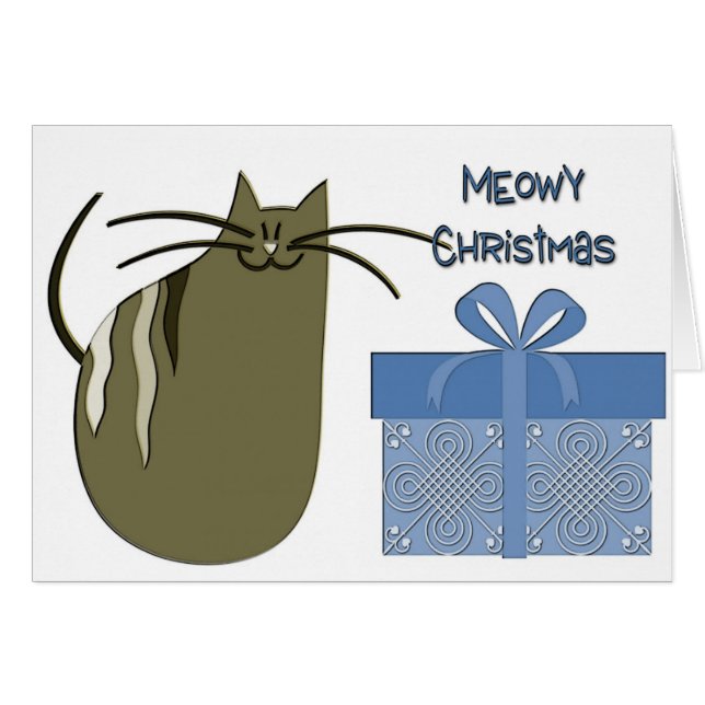 Navidades Meowy Gray Cat con regalo azul (Anverso (Horizontal))