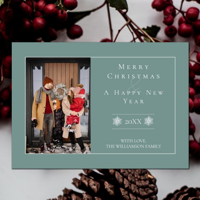 Navidades minimalistas de copos de nieve | Tarjeta (Teal Minimalist Snowflake Christmas Photo Card)