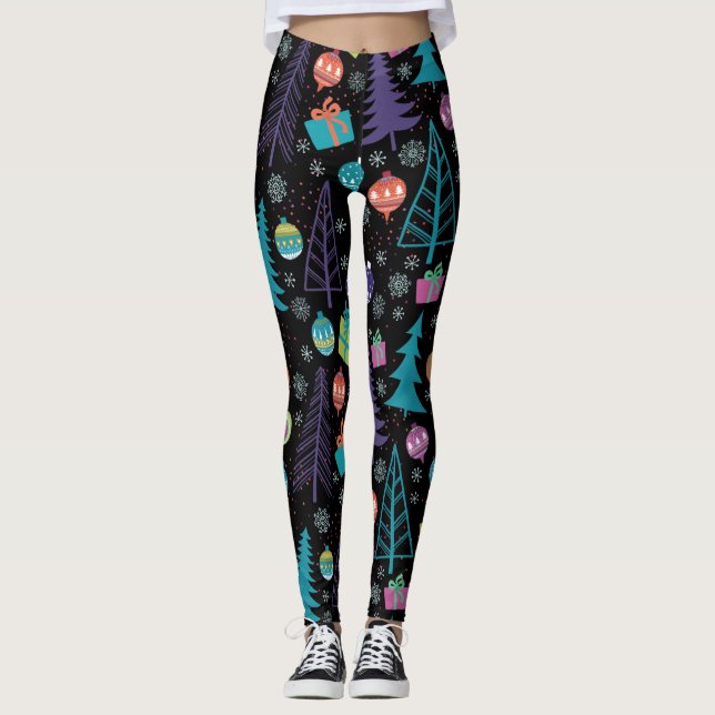 Navidades modernos Leggings con árboles y adornos (Anverso)