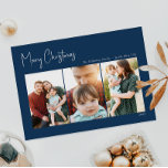 Navidades modernos | Tarjeta de vacaciones azul de<br><div class="desc">Navidades modernos | tarjeta azul de tres fotos es perfecta para tu minimalista y chic saludo de vacaciones azul y blanco. La caligrafía escrita a mano, mínima y caprichosa, es delicada y rústica, aunque elegante y elegante. Encontrará que todo lo relacionado con este producto es editable, así que siéntase libre...</div>