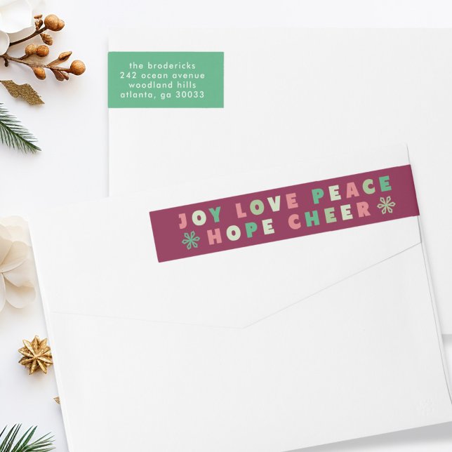 Navidades modernos tipografía alegría amor paz esp (modern, bold Christmas typography return address label with the words, "joy love peace hope cheer")