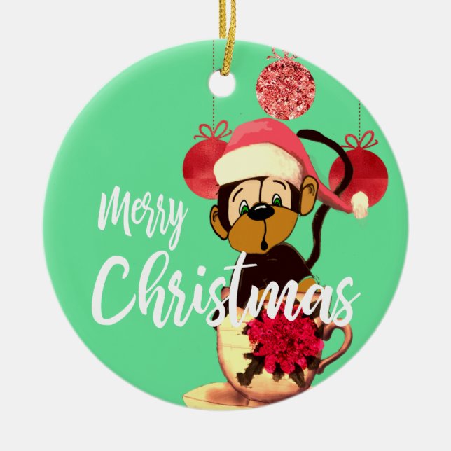 Navidades Monkey Green Red Cute Ornamento Cerámico (Frente)