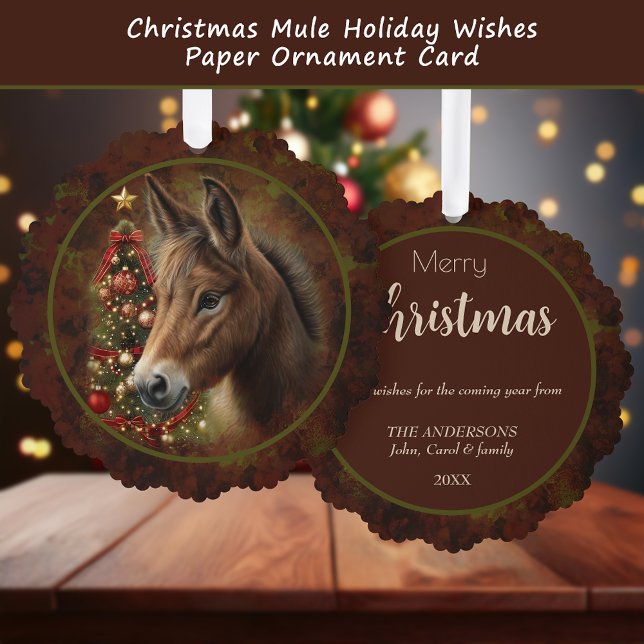 Navidades Mule Holiday Wiers Tarjeta de ornamento  (Christmas Mule Holiday Wishes Paper Ornament Card)
