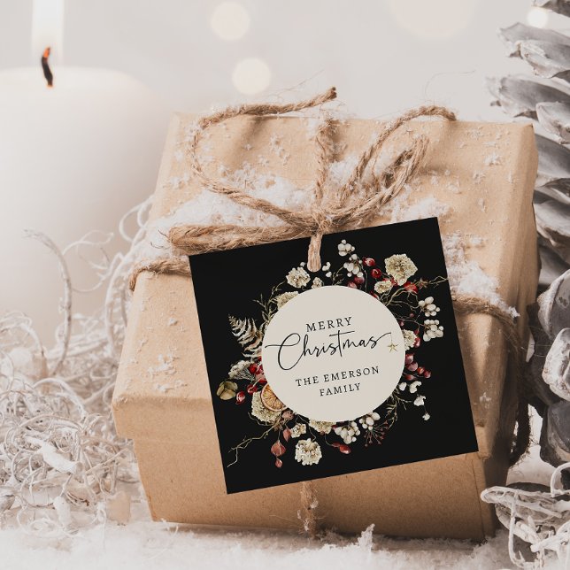 Navidades negros favorecen las etiquetas (Black Boho Botanical Merry Christmas Favor Tags
)