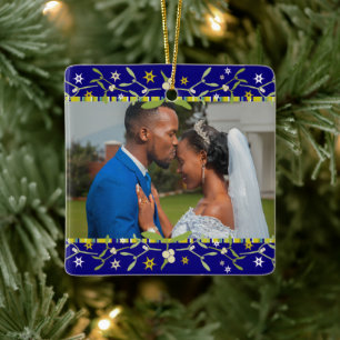 Navidades ornamento de fotos azul mistletoe