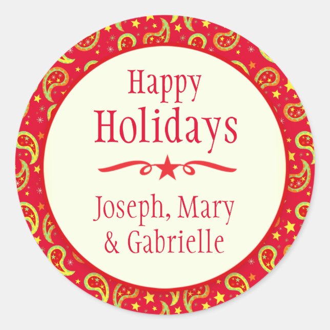 Navidades paisley nombre rojo pegatina de regalo d (Anverso)