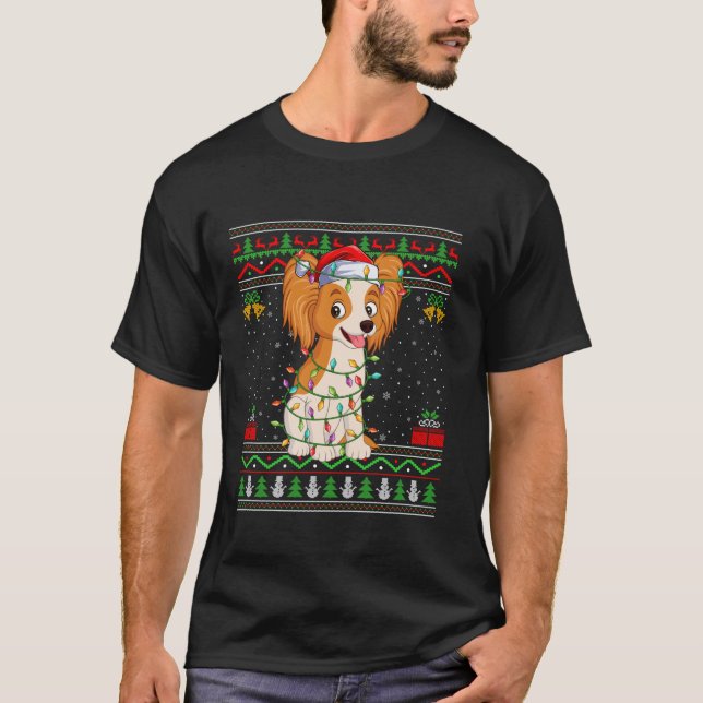 Navidades Papillon Dog iluminan suéter Santa Ugly  (Anverso)