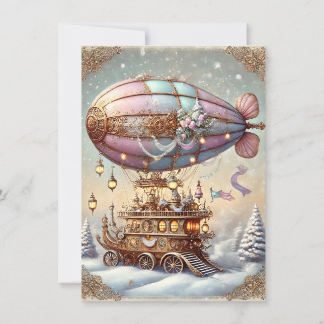Navidades Pastel Steampunk Tarjeta Blimp Antiguo (Anverso)