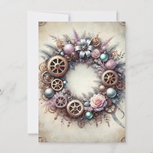 Navidades Pastel Steampunk Tarjeta Wreath Antique (Anverso)