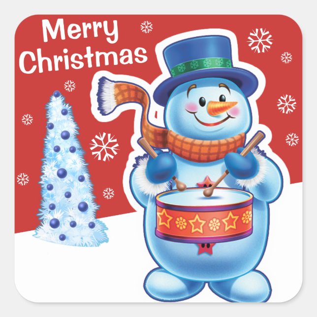 Navidades pegatina cuadrado rojo Snowman baterista (Anverso)