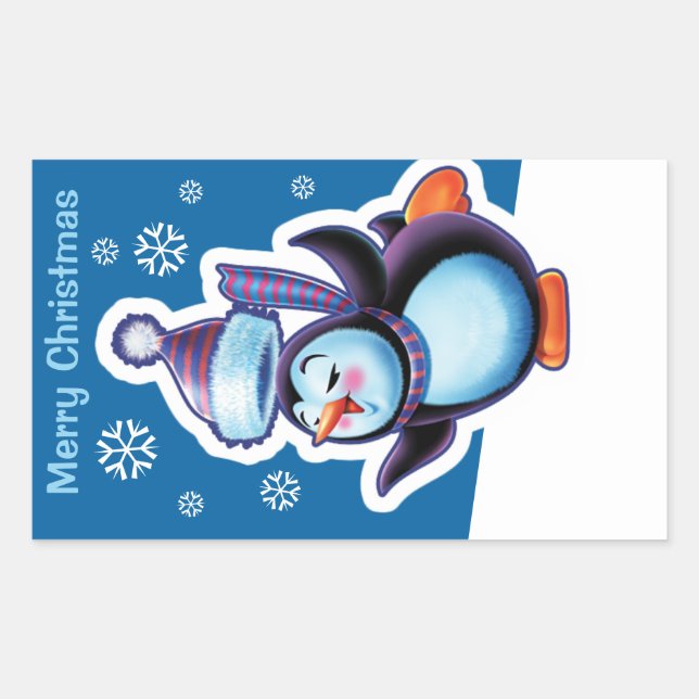 Navidades pegatina rectangular azul patinador ping (Anverso)