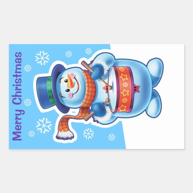 Navidades pegatina rectángulo azul Snowman drummer (Anverso)