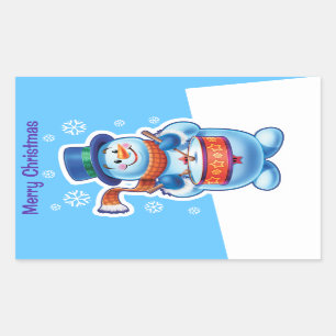 Navidades pegatina rectángulo azul Snowman drummer