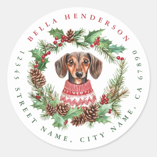 Navidades Pegatinas de la Ronda Dachshund (Anverso)