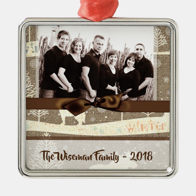 Navidades personalizados Burlap Ornamento de fotos (Frente)