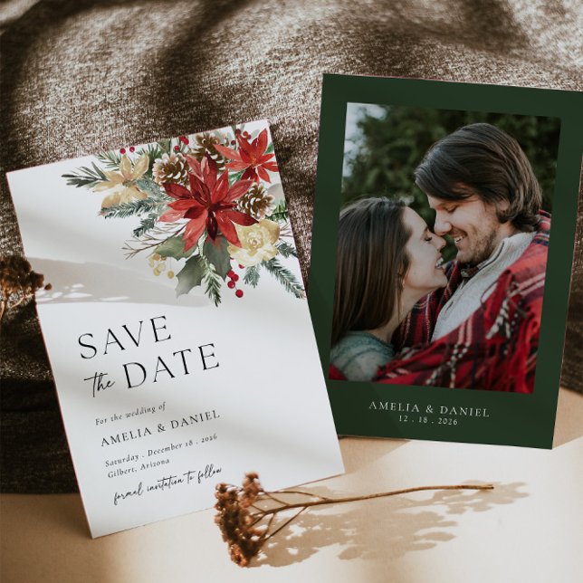 Navidades Pine Floral Guardar La Invitación De Fec (Save The Date Invitation Front/Back)