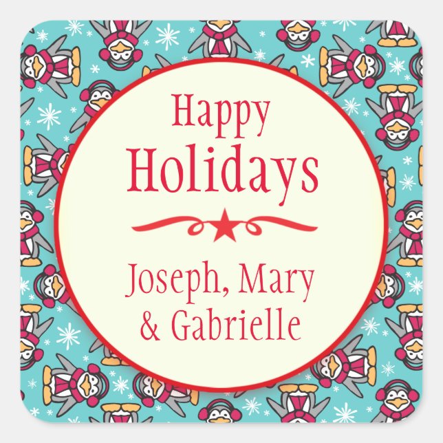 Navidades pingüinos nombre pegatina de regalo de v (Anverso)